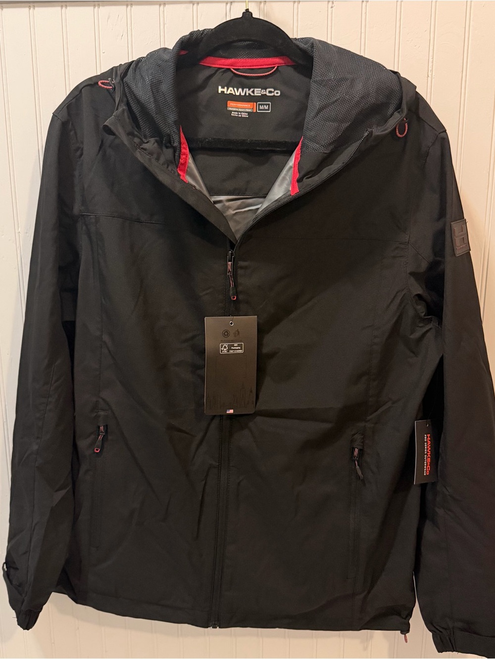 Hawke & Co All Season Defender Black Hooded Rain Jacket with Red Trim